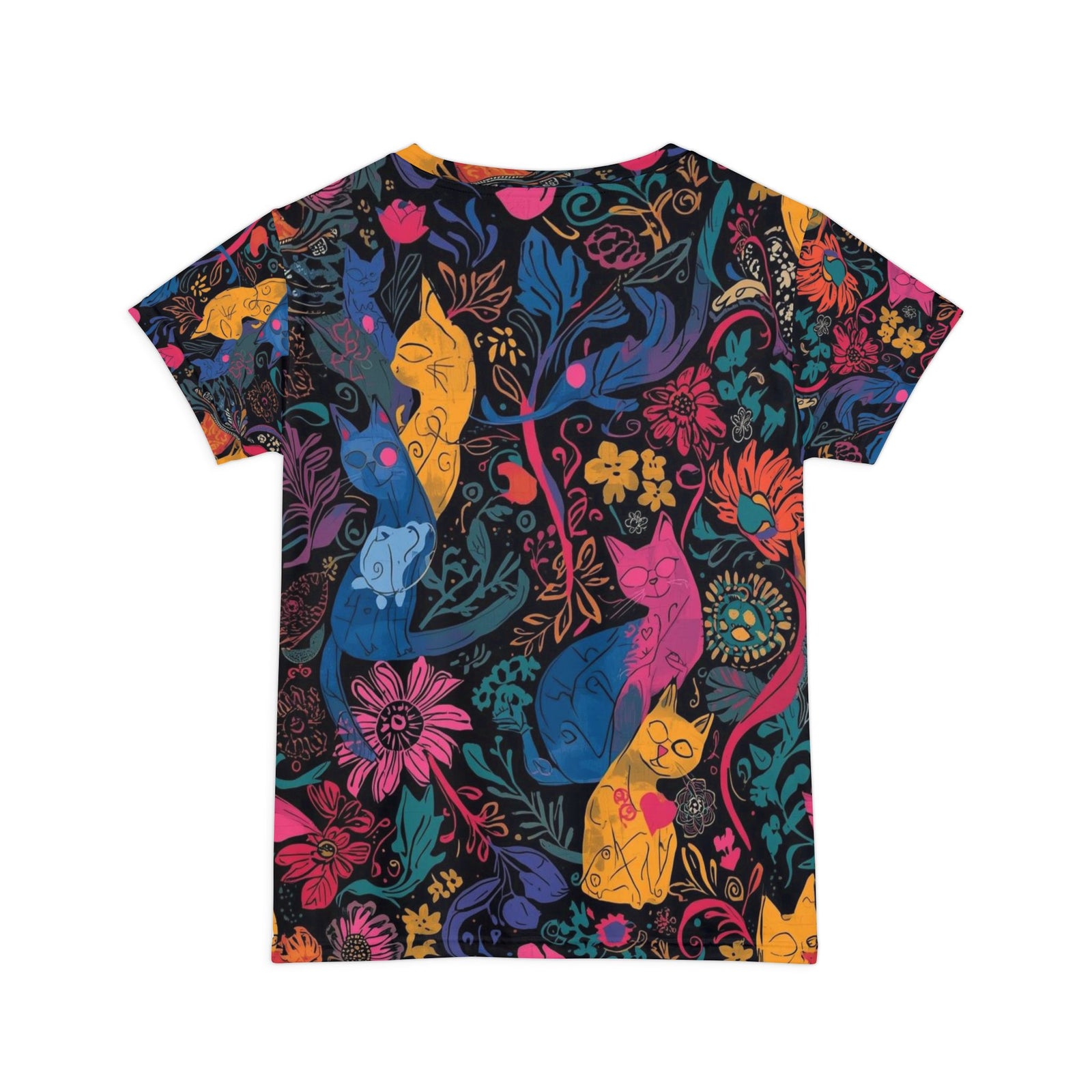 Women's Cat Floral Tee — Colorful Boho Cats All-Over Print Shirt