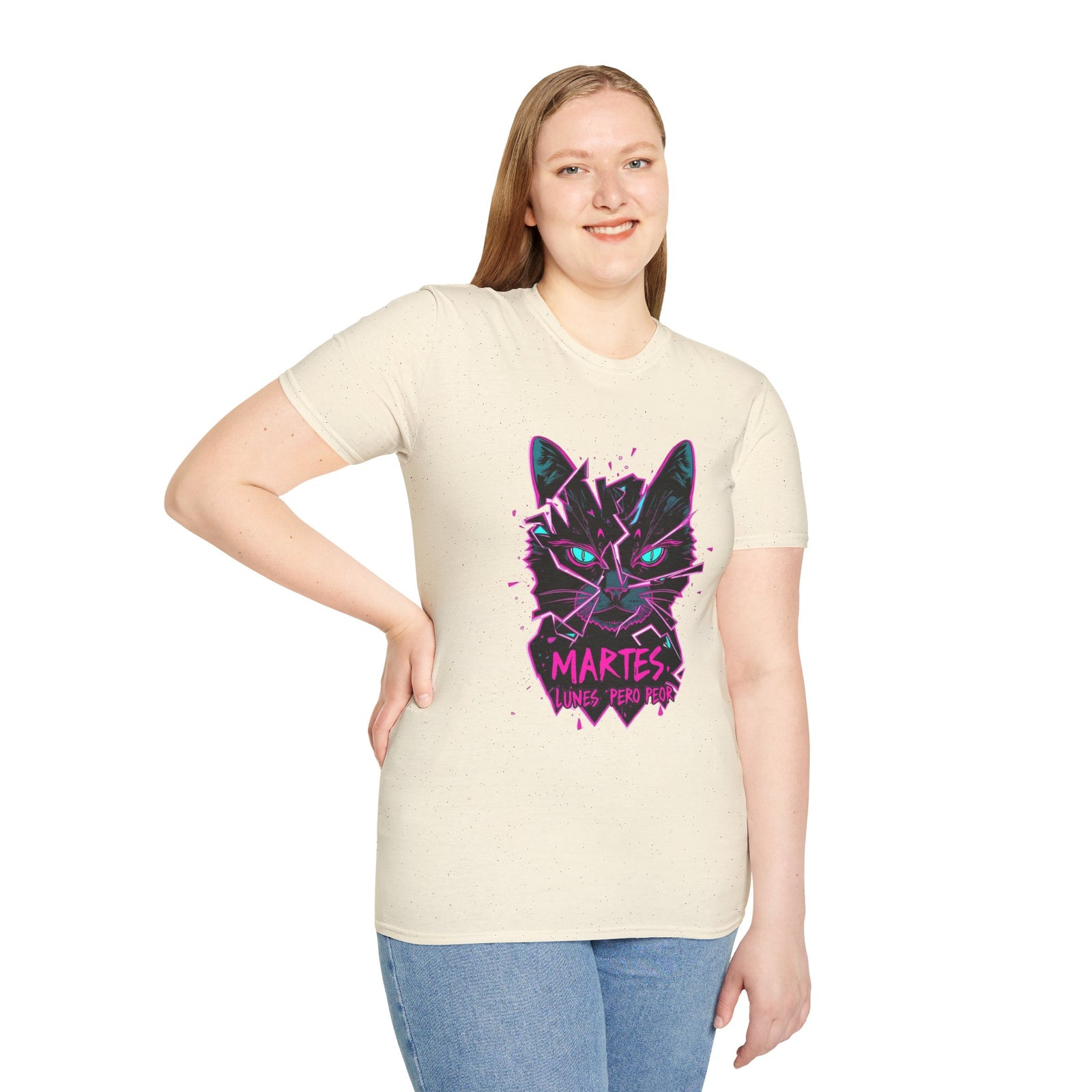 Cat Graphic T-Shirt — Neon Retro "Martes" Design (Lunes Pero Puro)
