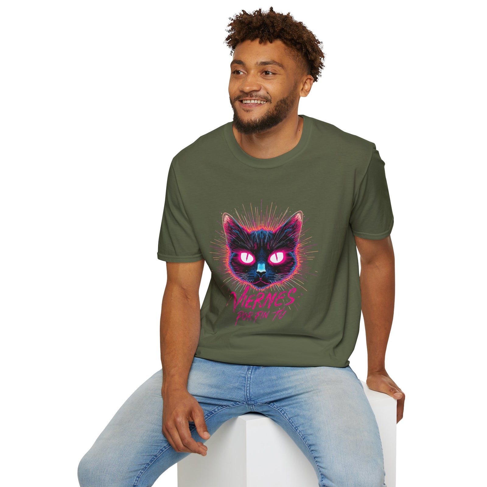 Cat Tee — "Viernes Por Fin" Neon Cat Graphic T-Shirt