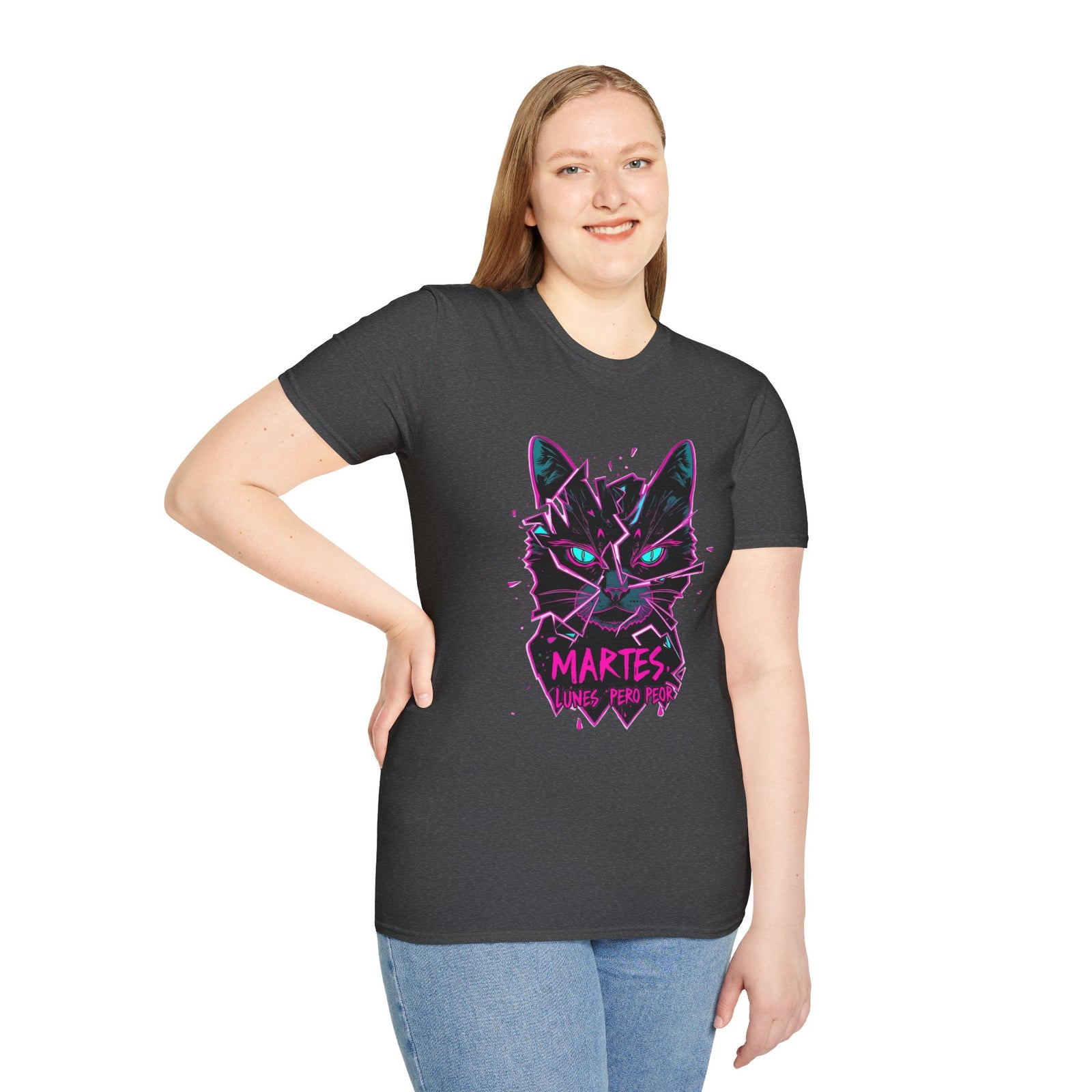 Cat Graphic T-Shirt — Neon Retro "Martes" Design (Lunes Pero Puro)