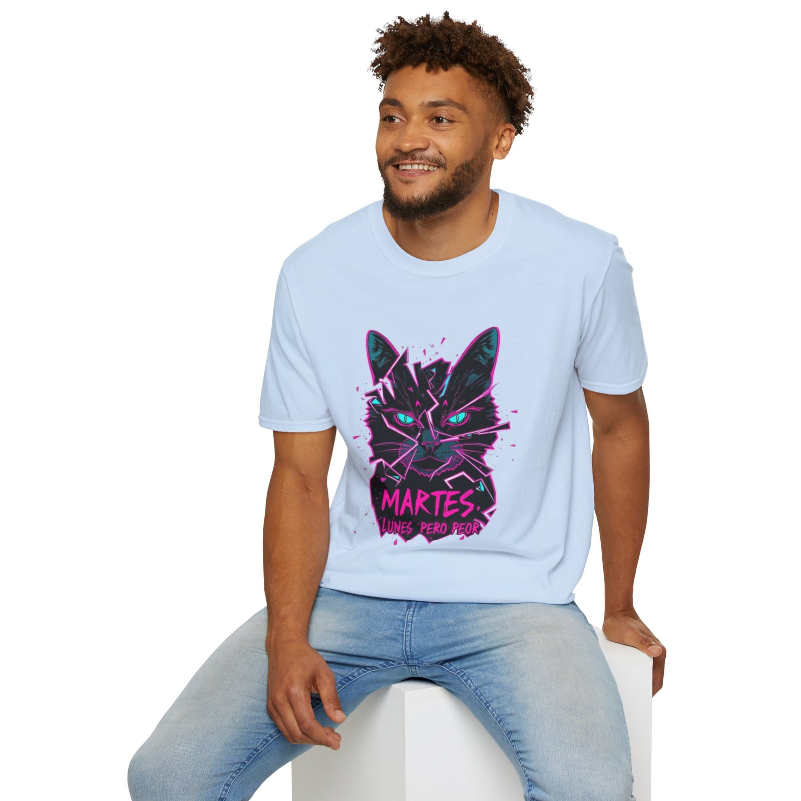 Cat Graphic T-Shirt — Neon Retro "Martes" Design (Lunes Pero Puro)