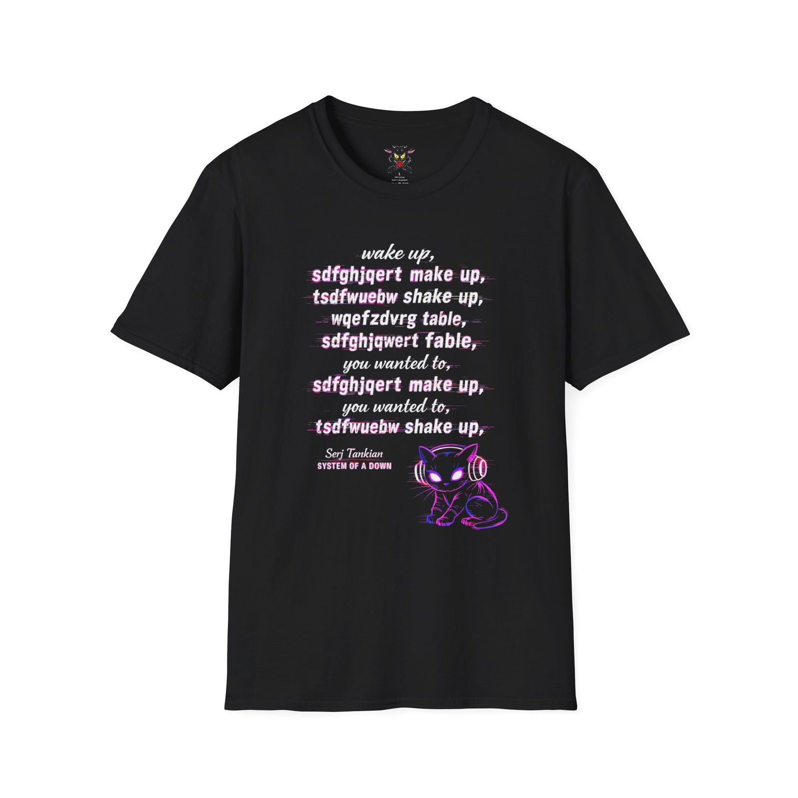 Camiseta negra gato neón retro Gatoloco con letras Wake Up