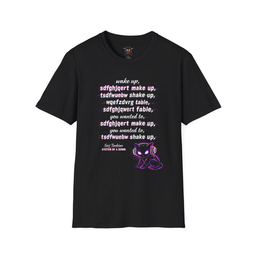 Camiseta negra gato neón retro Gatoloco con letras Wake Up