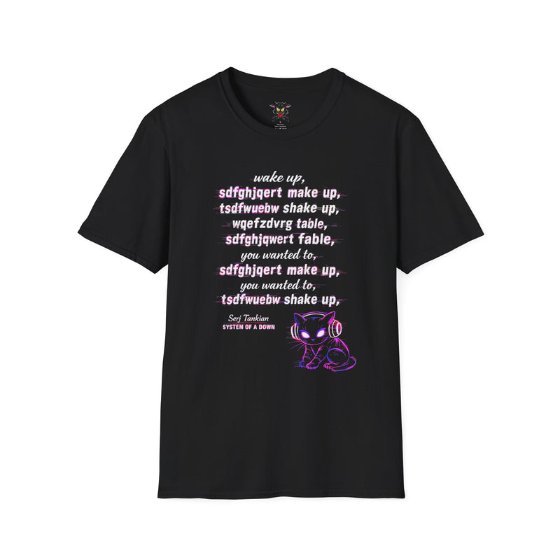 Camiseta negra gato neón retro Gatoloco con letras Wake Up
