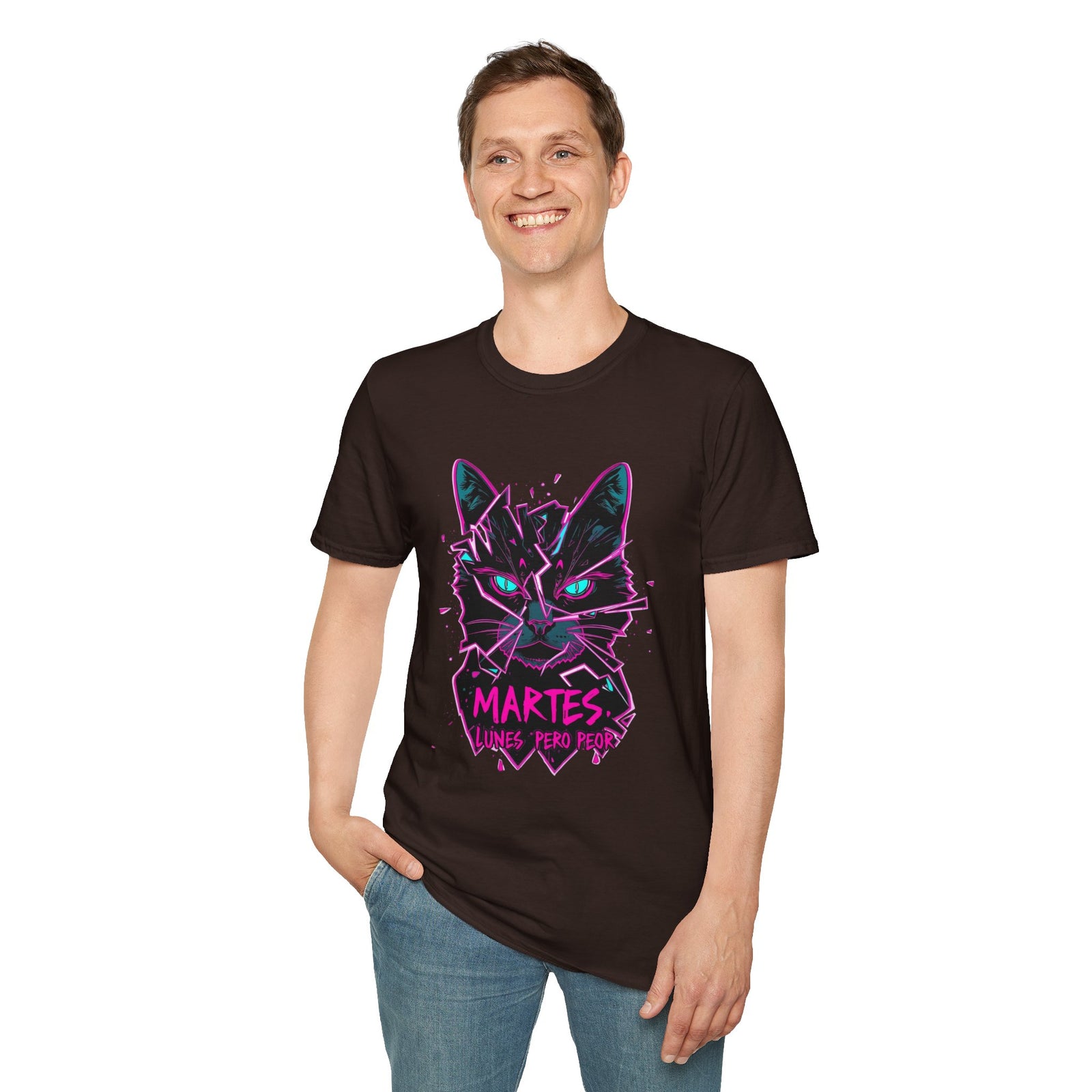 Cat Graphic T-Shirt — Neon Retro "Martes" Design (Lunes Pero Puro)