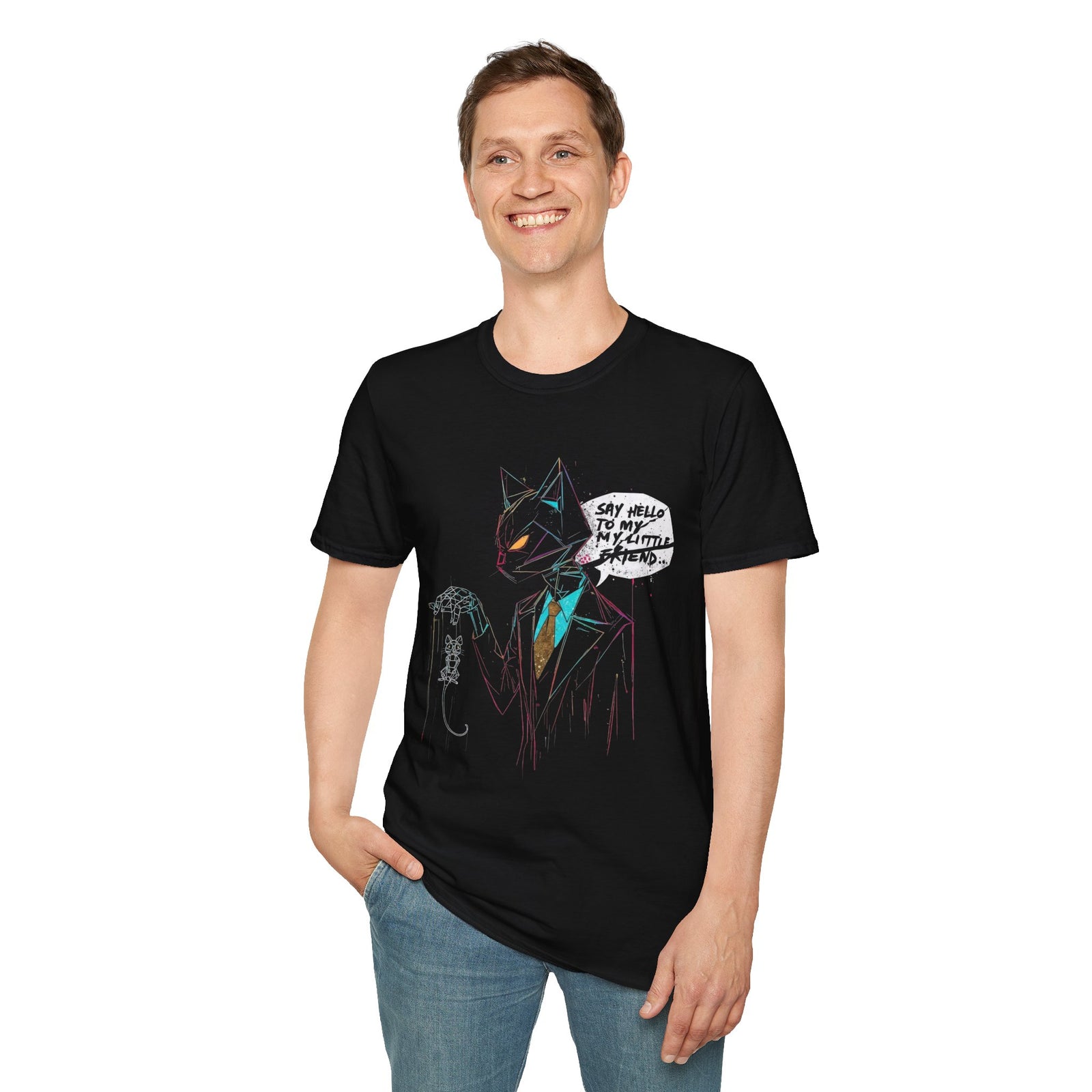 T-Shirt — "Say Hello to My Little Friend" Neon Sketch