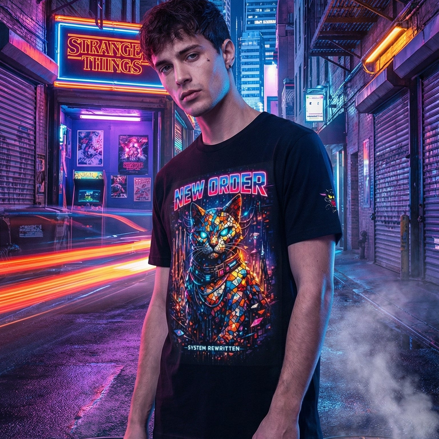 Modelo con camiseta gato cyberpunk New Order en ciudad neón Gatoloco
