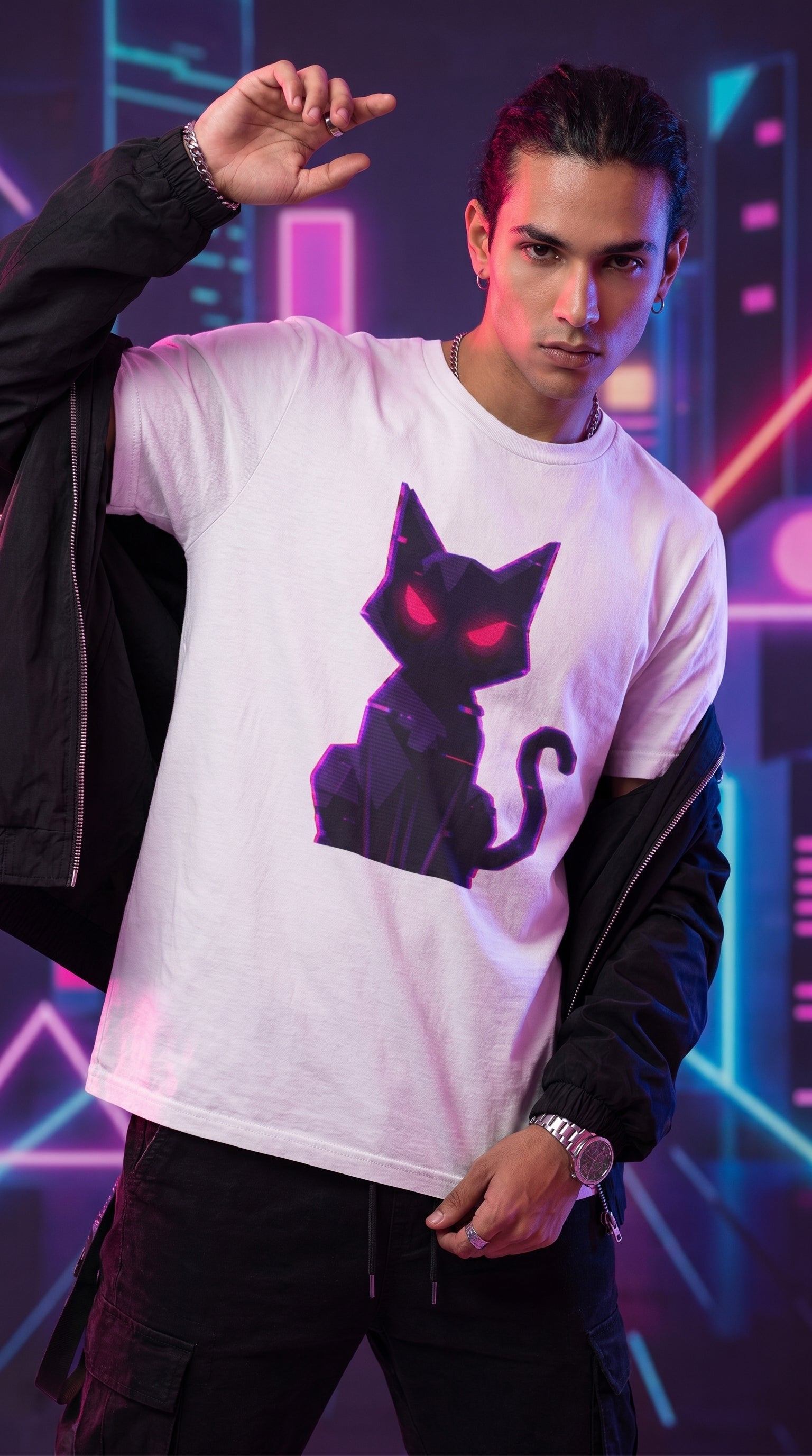 Camiseta Bold Lines Gatoloco | Gato Neón Minimalista | Streetwear Urbano Premium
