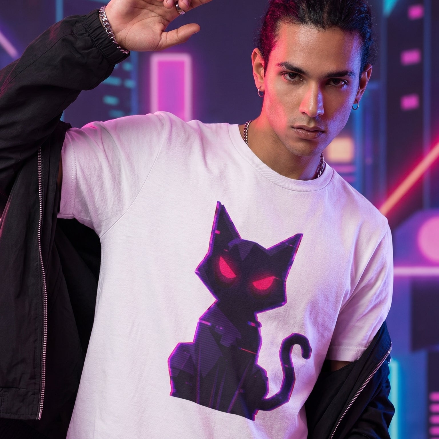 Camiseta Bold Lines Gatoloco | Gato Neón Minimalista | Streetwear Urbano Premium