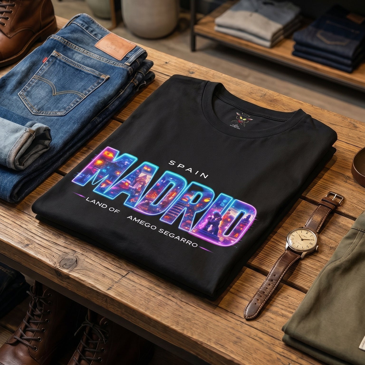 Camiseta Madrid Spain | Diseño Neón Urbano | Streetwear Español Premium Gatoloco