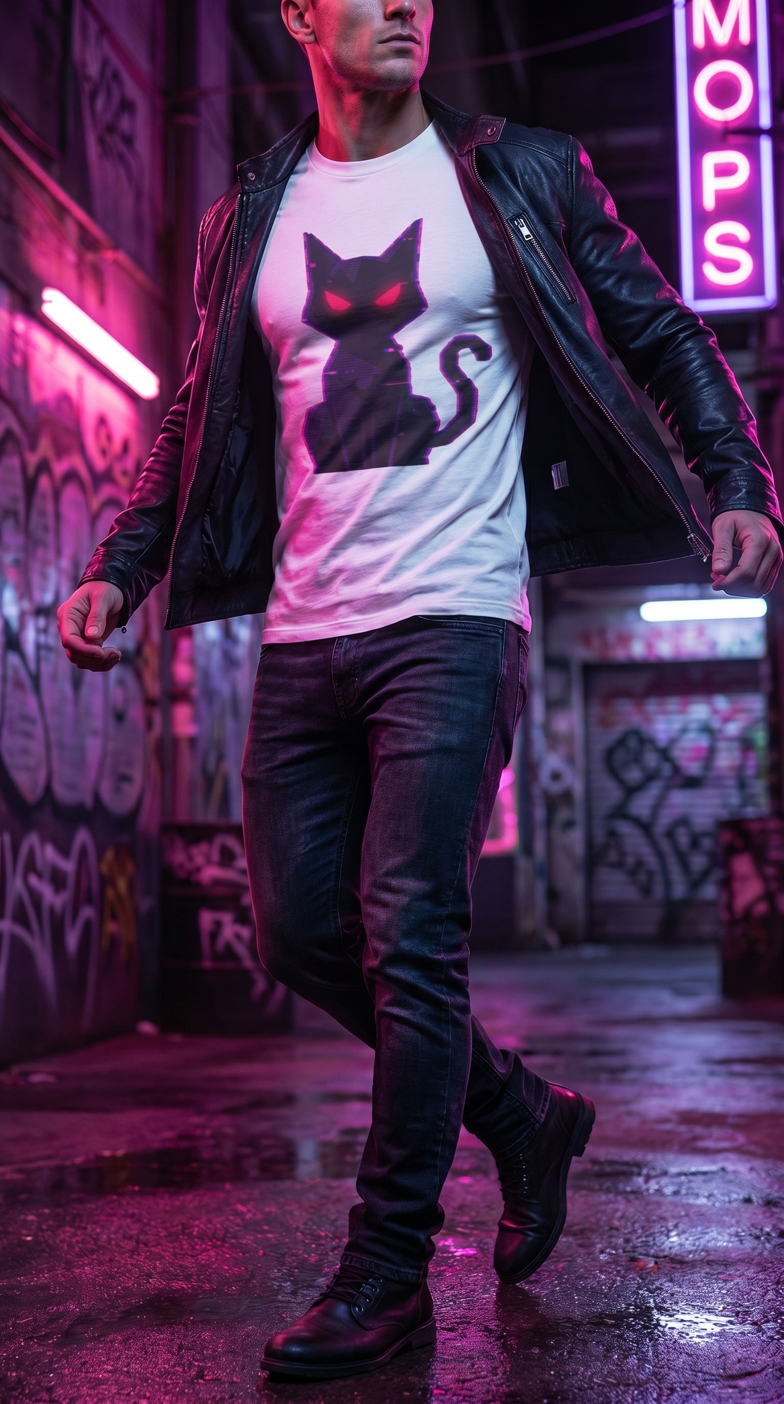 Camiseta Bold Lines Gatoloco | Gato Neón Minimalista | Streetwear Urbano Premium