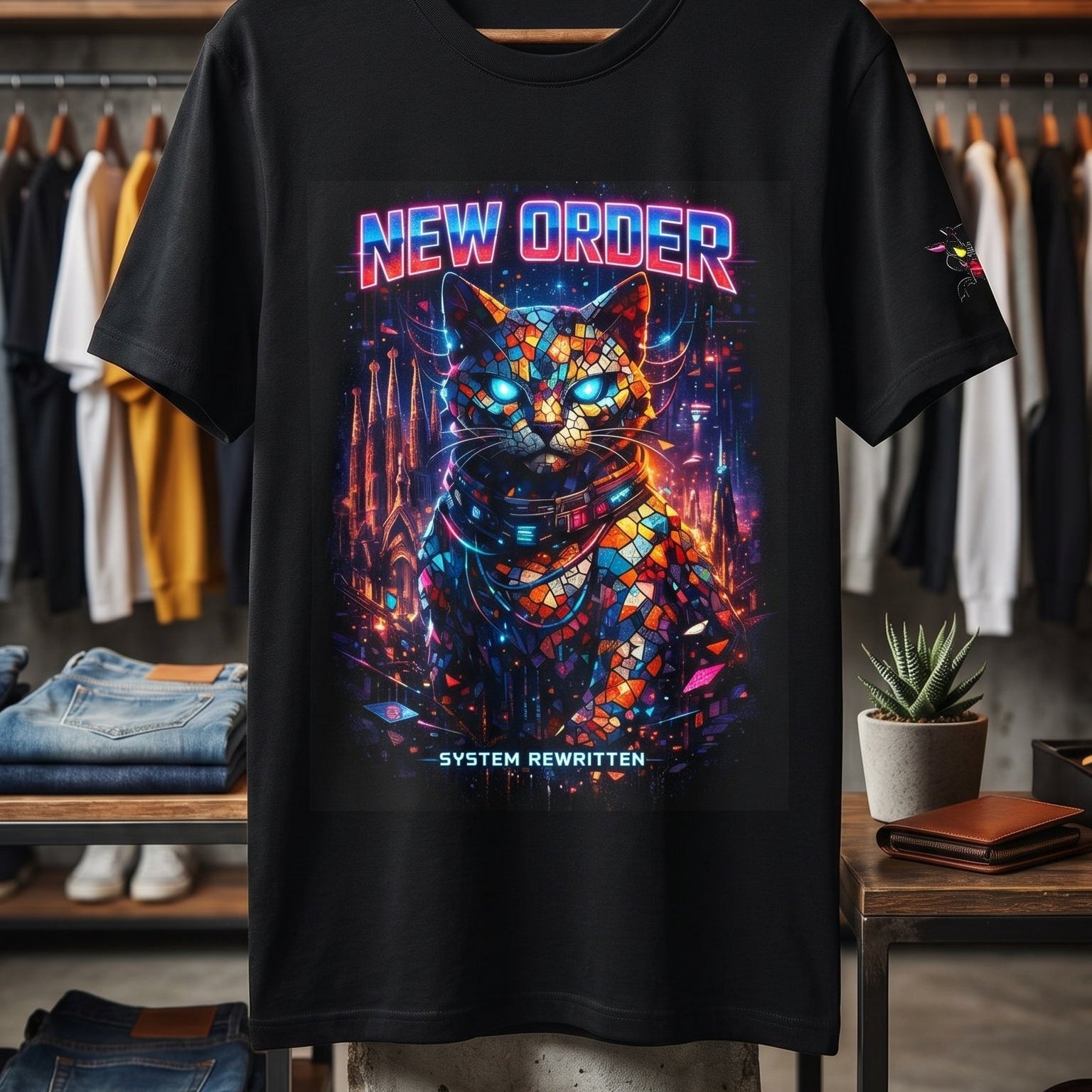 Camiseta Gato Cyberpunk New Order | Neón Sci-Fi Urbano | Streetwear Futurista Gatoloco
