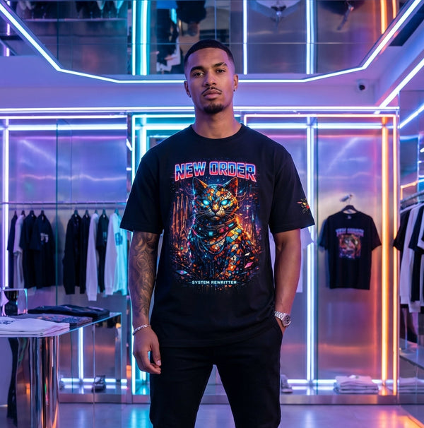 Camiseta Gato Cyberpunk New Order | Neón Sci-Fi Urbano | Streetwear Futurista Gatoloco