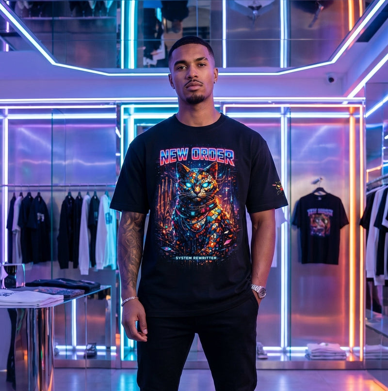 Camiseta Gato Cyberpunk New Order | Neón Sci-Fi Urbano | Streetwear Futurista Gatoloco