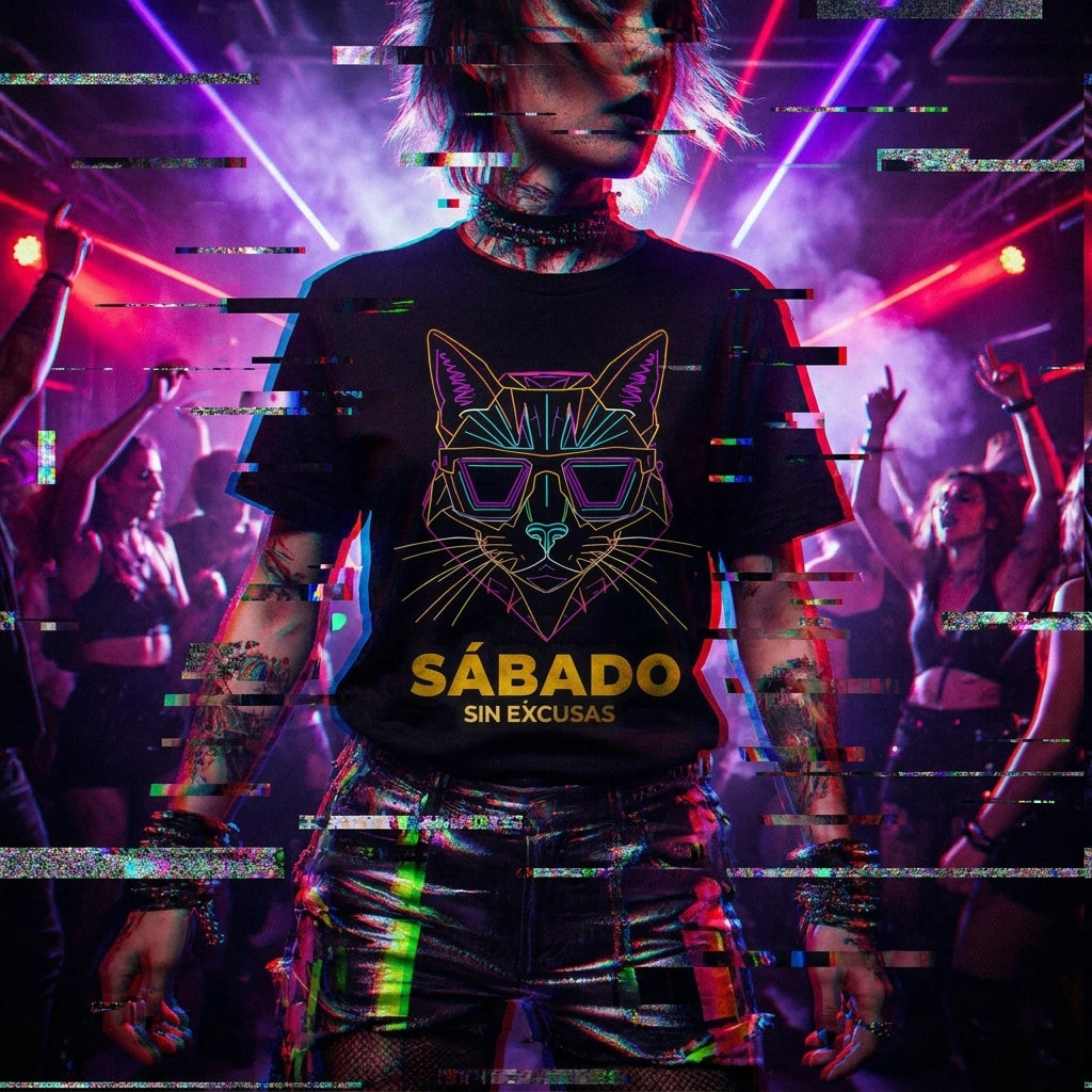 Sábado Sin Excusas Cat T-Shirt — Retro Neon Cat with Sunglasses