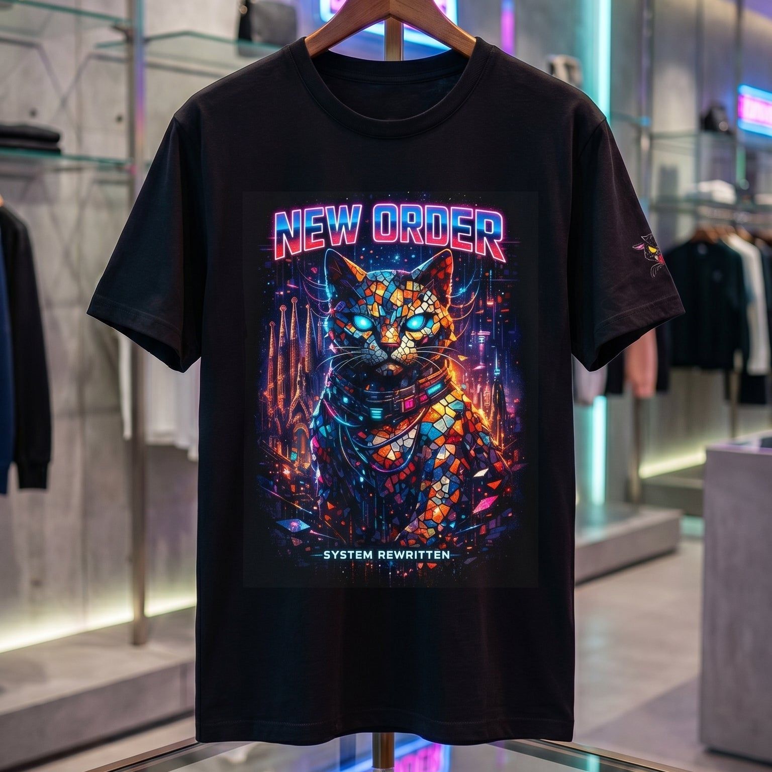 Camiseta Gato Cyberpunk New Order | Neón Sci-Fi Urbano | Streetwear Futurista Gatoloco