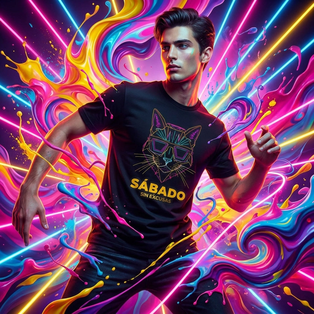 Sábado Sin Excusas Cat T-Shirt — Retro Neon Cat with Sunglasses