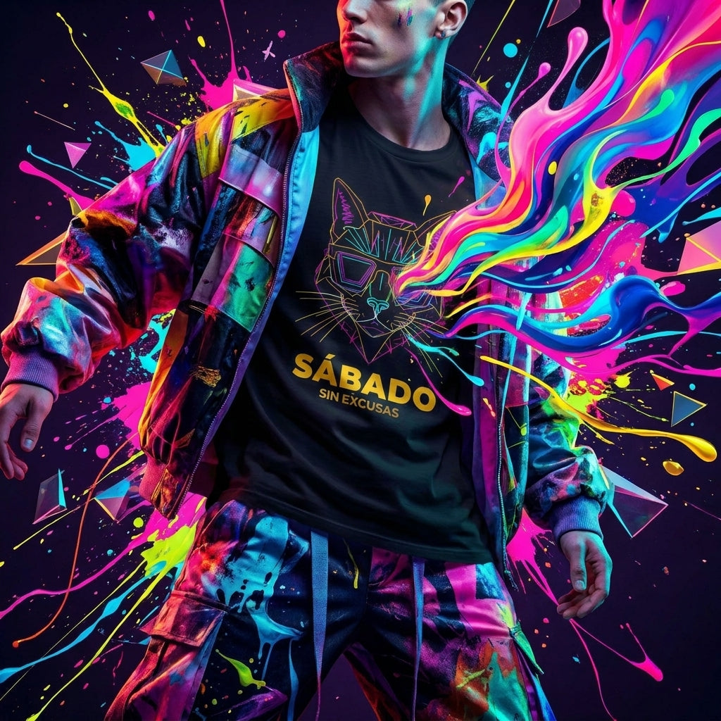 Sábado Sin Excusas Cat T-Shirt — Retro Neon Cat with Sunglasses