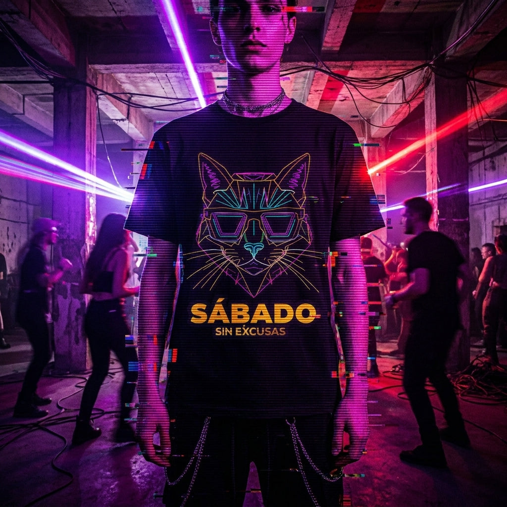 Sábado Sin Excusas Cat T-Shirt — Retro Neon Cat with Sunglasses