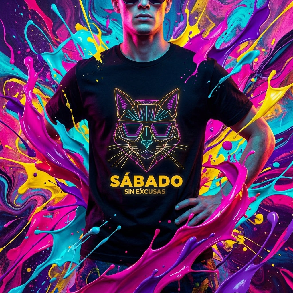 Sábado Sin Excusas Cat T-Shirt — Retro Neon Cat with Sunglasses