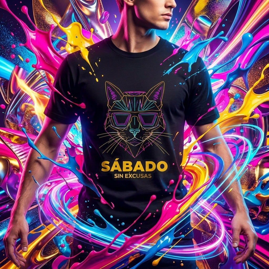 Sábado Sin Excusas Cat T-Shirt — Retro Neon Cat with Sunglasses