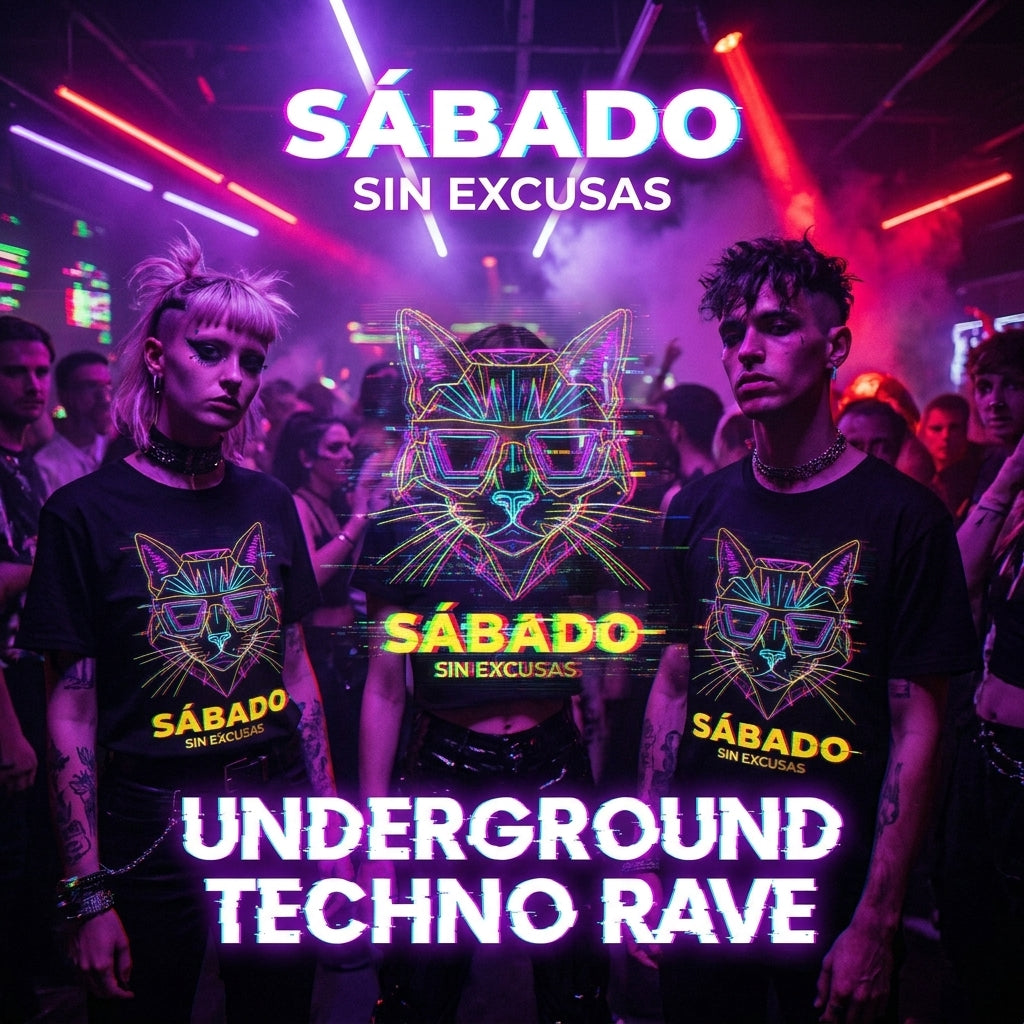 Sábado Sin Excusas Cat T-Shirt — Retro Neon Cat with Sunglasses